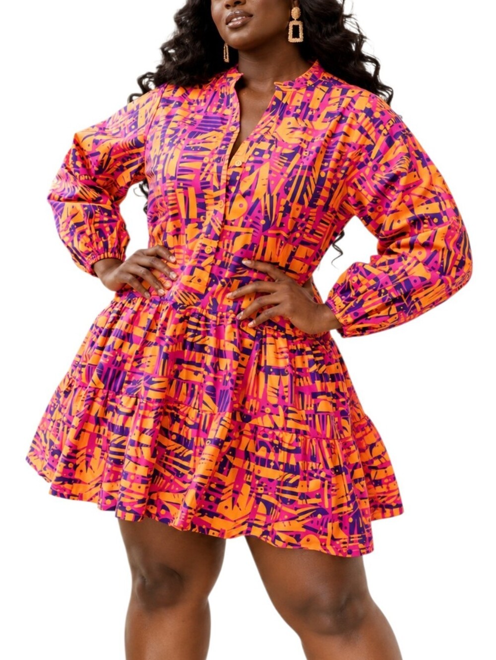 DI'YANU Terema Print Button-Up Babydoll Dress (Orange Abstract Leaves) Plus Size